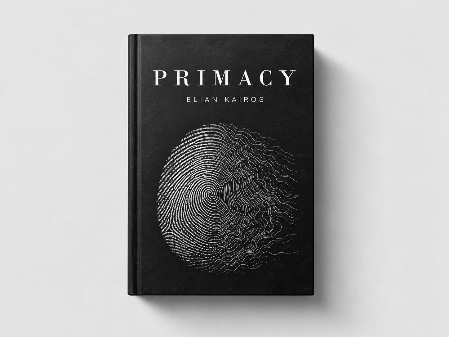 Official PRIMACY book mockup: black hardcover with a fingerprint on the cover